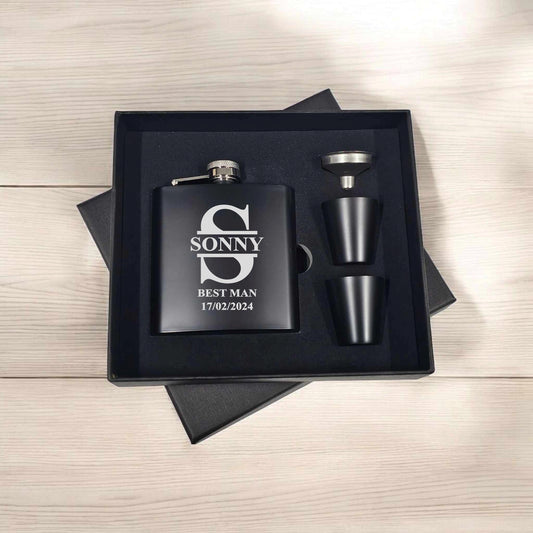 Split Monogram Personalised Hip Flask Gift Set