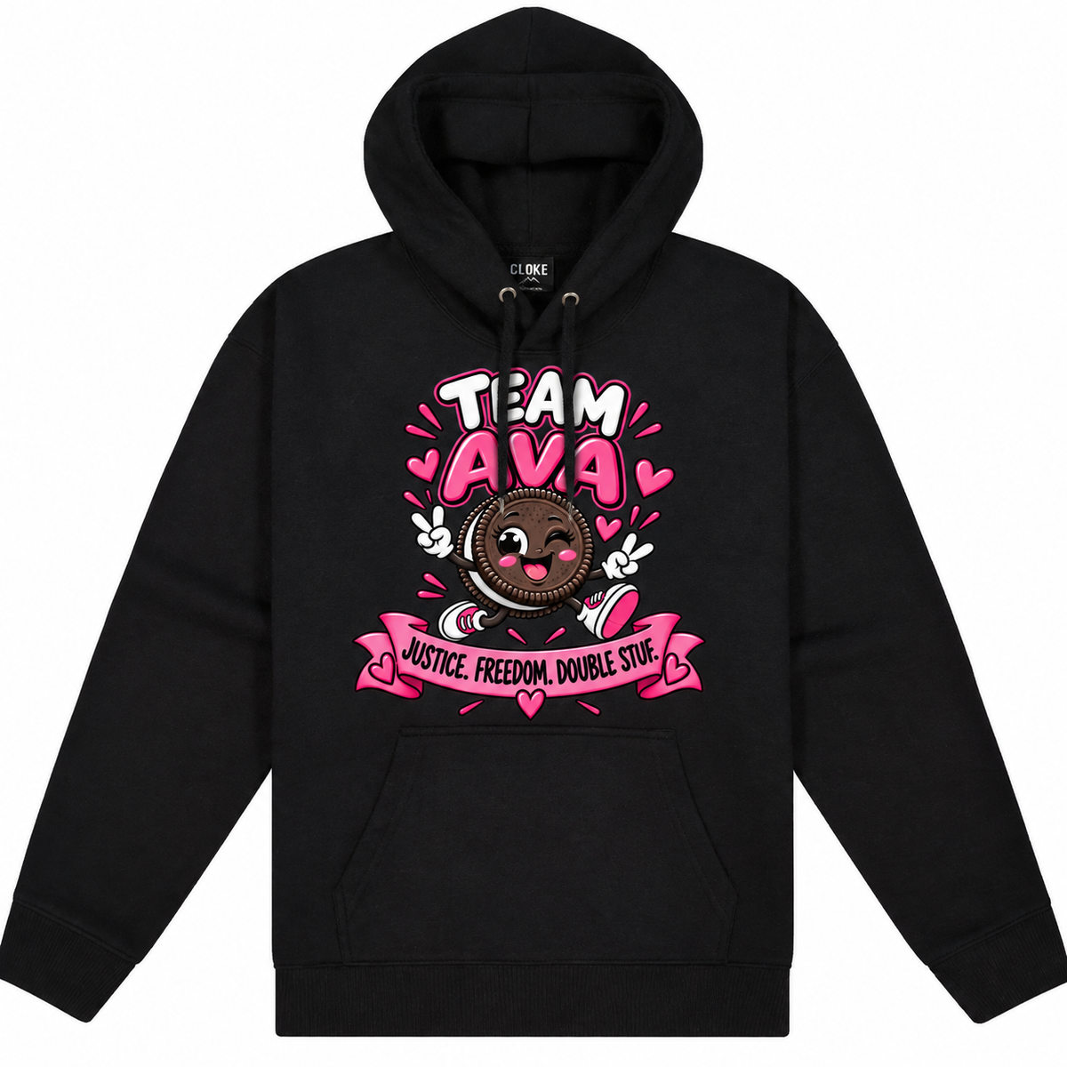 A black pullover hoodie with a colorful graphic on the chest featuring the text 'TEAM AVA' and 'JUSTICE FREEDOM DOUBLE STUF' with a cartoon cookie character and pink hearts, shown on a plain white background.