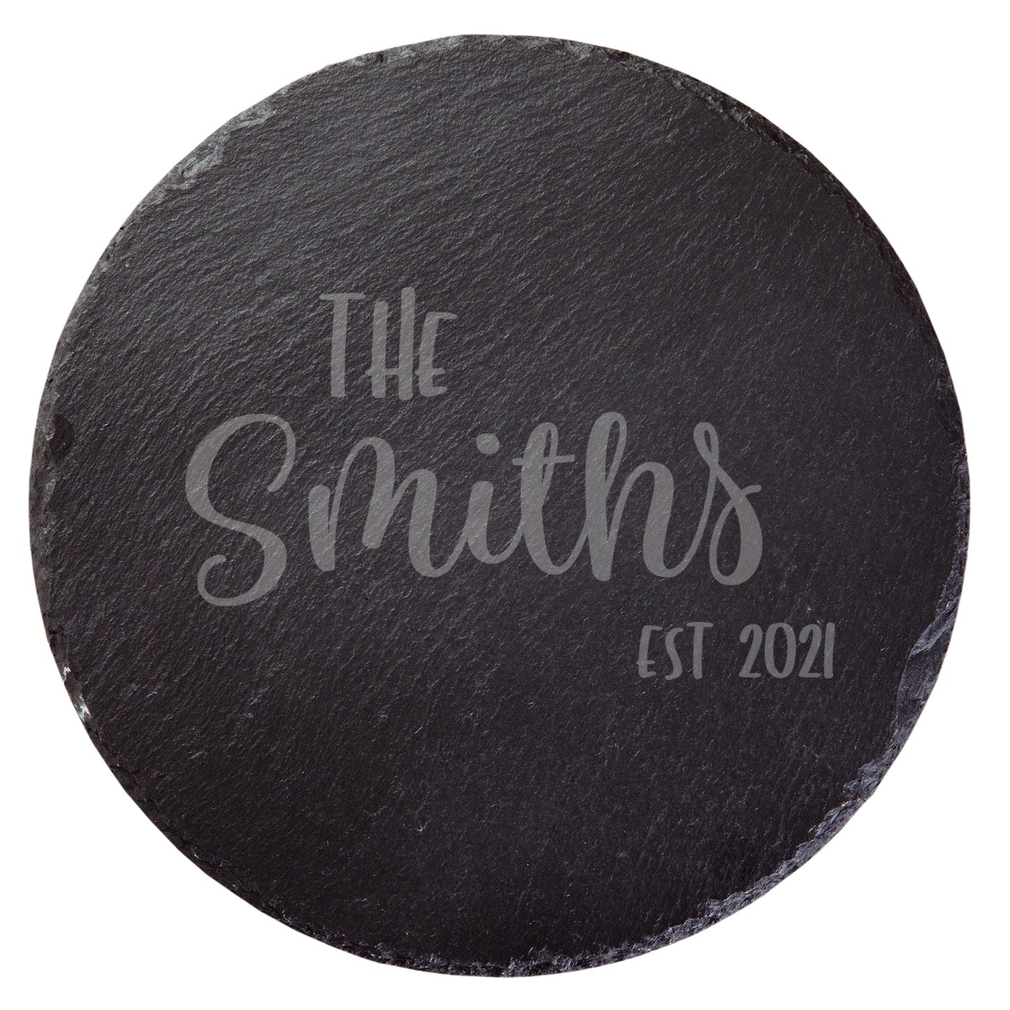 Custom engraved round slate serving board wedding gift NZ, The Smiths