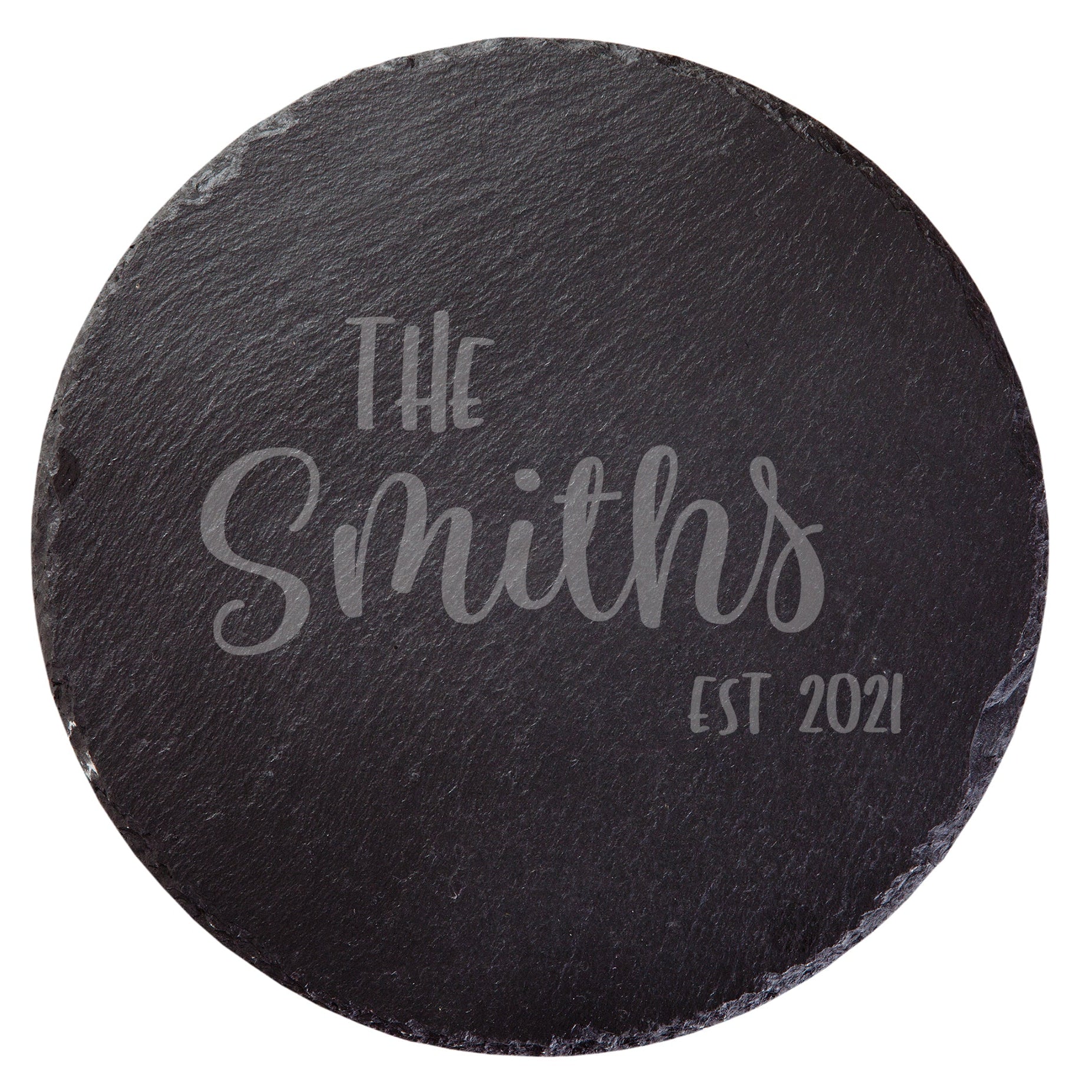 Custom engraved round slate serving board wedding gift NZ, The Smiths