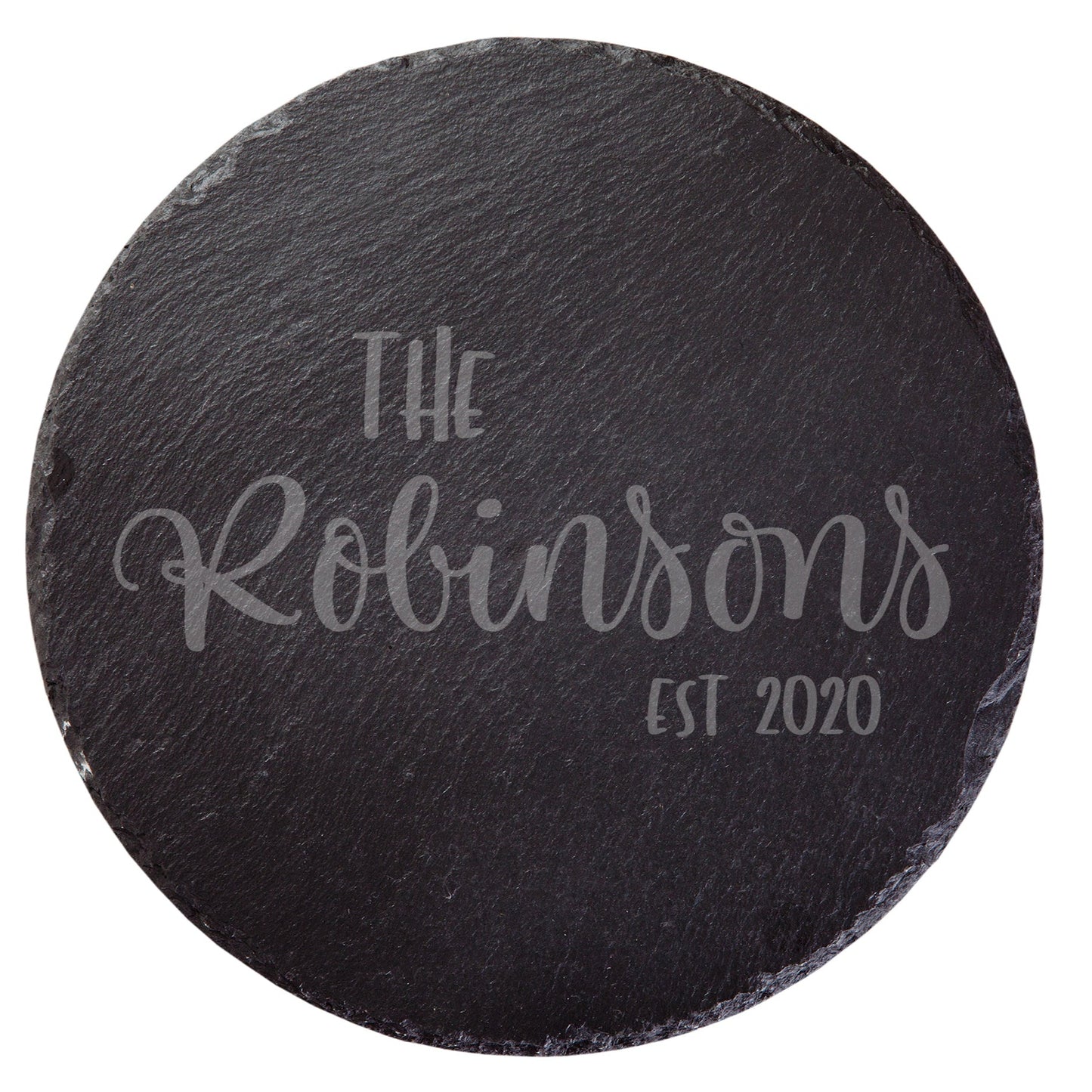 Personalised round slate serving board engraved with The Robinsons, New Zealand