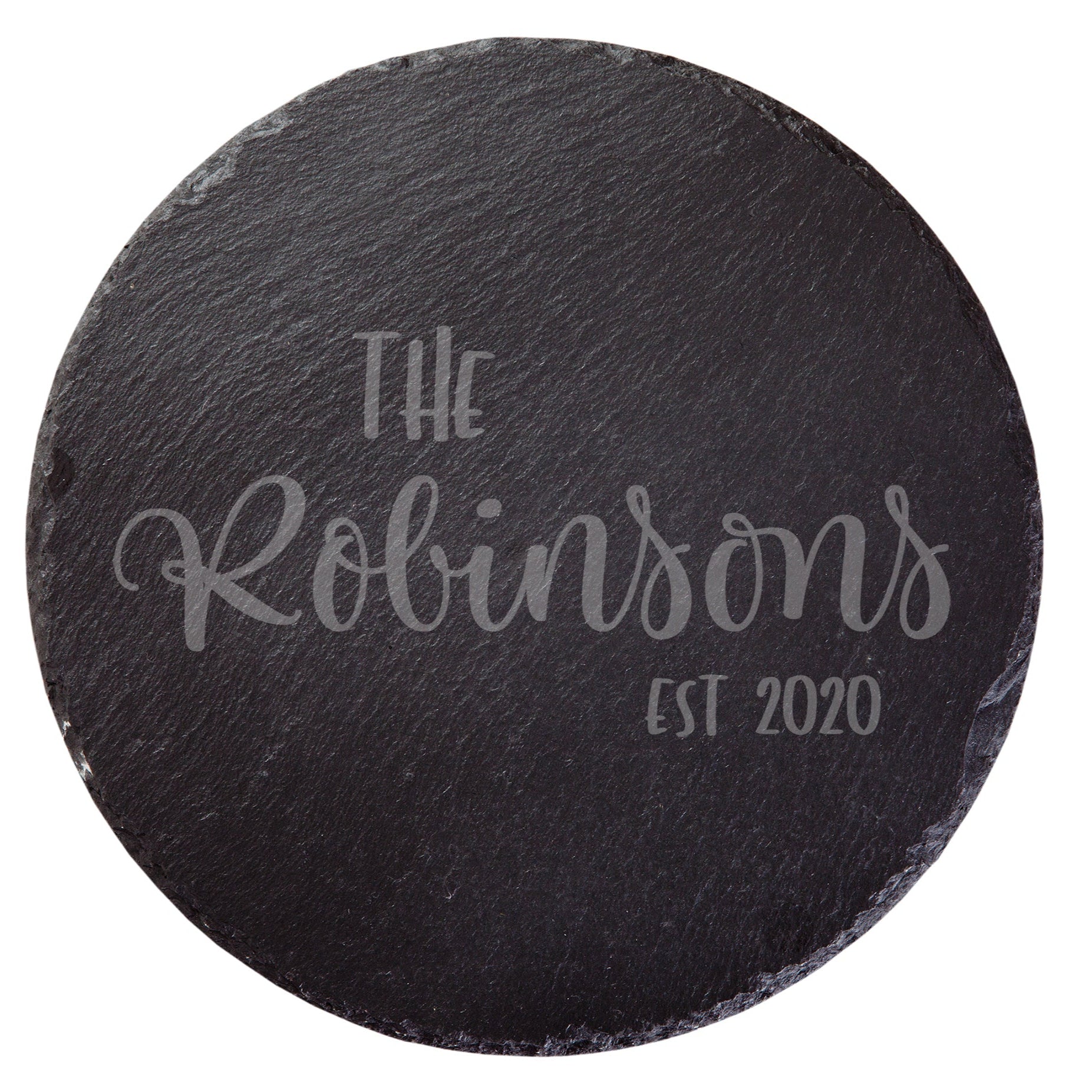Personalised round slate serving board engraved with The Robinsons, New Zealand