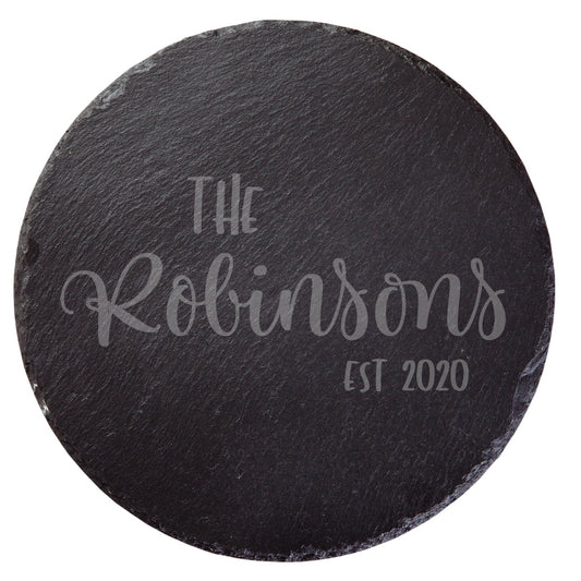 Personalised round slate serving board engraved with The Robinsons, New Zealand